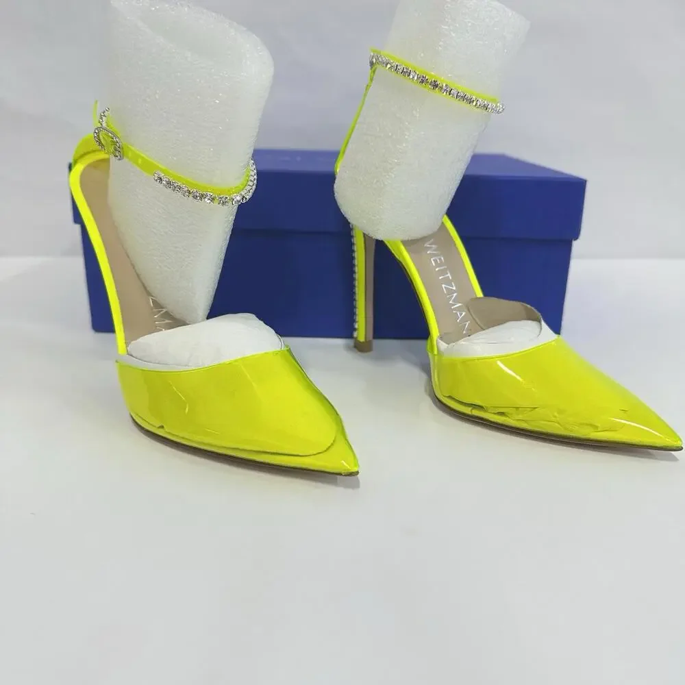 Stuart Weitzman 100‎ Strap Pump Neon Yellow Heels Bold Bright Stiletto Shoe